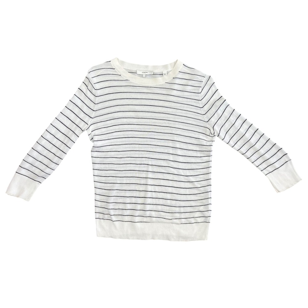 Vince White Black Striped 100% Italian Cotton Crewneck Sweater Coastal Small